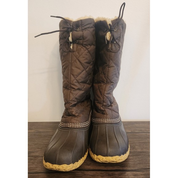 LL Bean Boots Womens Size 10 Brown Tall Shearling Lined Snow Duck Boots Quilted - Picture 1 of 4